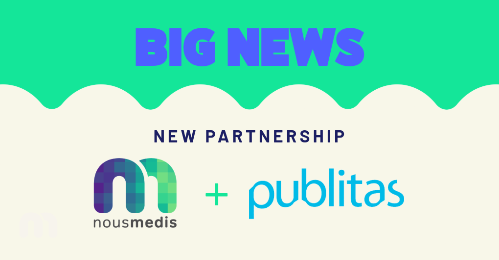 Logos of Nousmedis and Publitas announcing a new digital catalog partnership Logotipos de Nousmedis y Publitas anunciando una nueva alianza para catálogos digitales